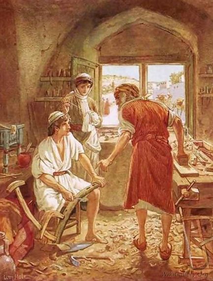 De jonge Jezus werkt als timmerman bij zijn vader Jozef