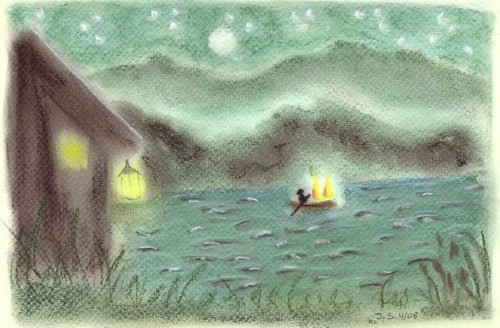 de veerman en de twee dwaallichten op de rivier in het sprookje van Goethe
